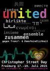 united, juntos, bmecte, birlikte, tillsammans, razem, insieme, ensemble, yhdessä, zusammen, gegen Trans*- & Homofeindlichkeit, Christopher Street Day, Freiburg, 17. Juli, 18. Juli, 19. Juli,