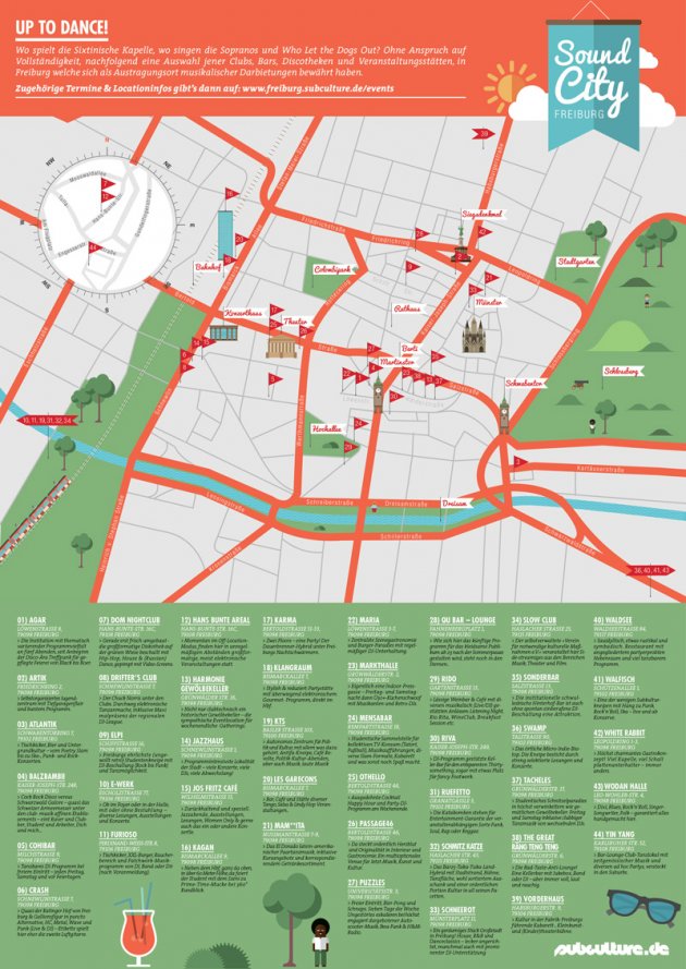 Sound City Freiburg, Agar, Artik, Atlantik, Balzbambii, Cohibar, Crash, Drifter's Club, ELPI, E-Werk, Furioso, Hans Bunte Areal, Harmonie, Gewölbekeller, Jazzhaus, Jos Fritz Cafe, Kagan, Karma, Klangraum, KTS, Les Garecons, Mam**ita, Mamita, Maria, Markthalle, Mensabar, Othello, Passage46, Puzzles, Qu Bar, Rido, Riva, Ruefetto, Schmitz Katze, Schneerot, Slow Club, Sonderbar, Swamp, Räng Teng Teng, Tacheles, Vorderhaus, Waldsee, Walfisch, White Rabbit, Wodan Halle, Yin Yang