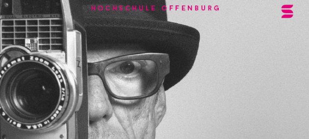 Alter Mann, weiß, Super 8 Kamera, Brille, Hut, Auge, Ab 1. April, Kartenvorverkuaf im Forum Offeburg, Shorts Filmfestival 15, 15. April, 17. April, Forum Offenburg, Hand, schwarzes Sakko, schwarzes Hemd, Ringe