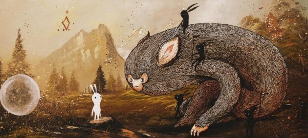 sam, Face Art, Aussetllung, Fabelwesen, weiße Hasen, schwarze Hasen, Natur, Tannen, Berge, Blase